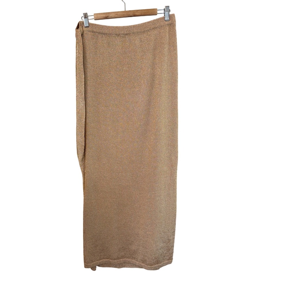 Lovers and Friends Metallic Knit Maxi Skirt Rose Gold Lurex Wrap Slit Size L - Picture 2 of 4